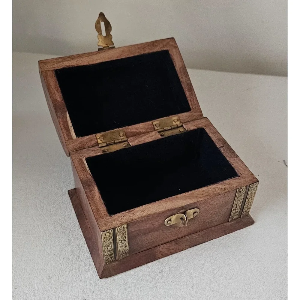 Vintage Wooden Domed Chest Trinket Box Brass Inlay 5